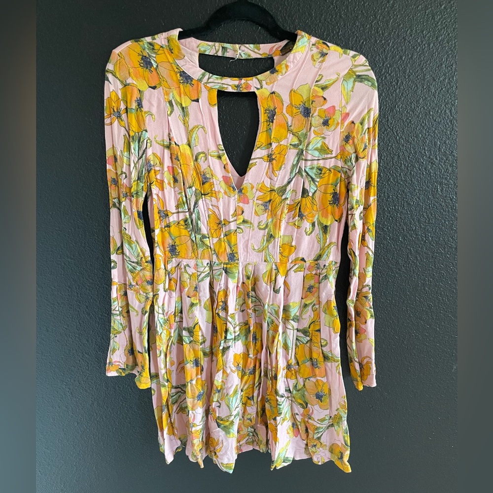 Free People Pink Floral Keyhole Tunic with Yellow Blossoms